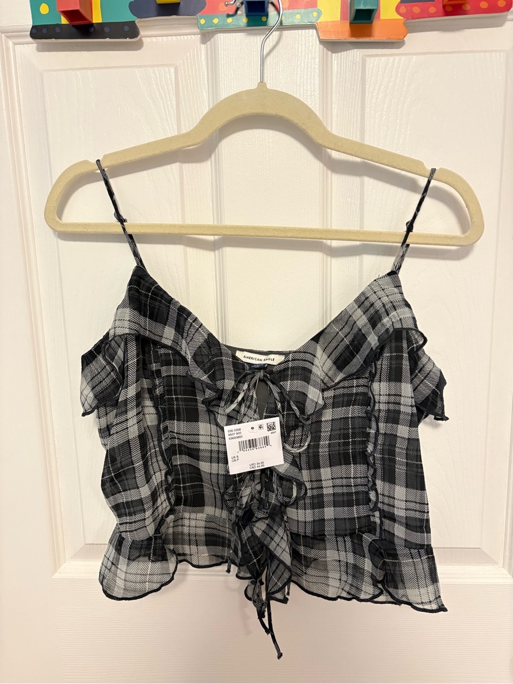 American Eagle Outfitters Black and White Plaid Ruffle Tie-Front Cami